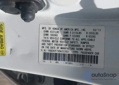 2013 Honda Accord Ex из США, поврежденный, VIN 1HGCR2F75DA203907